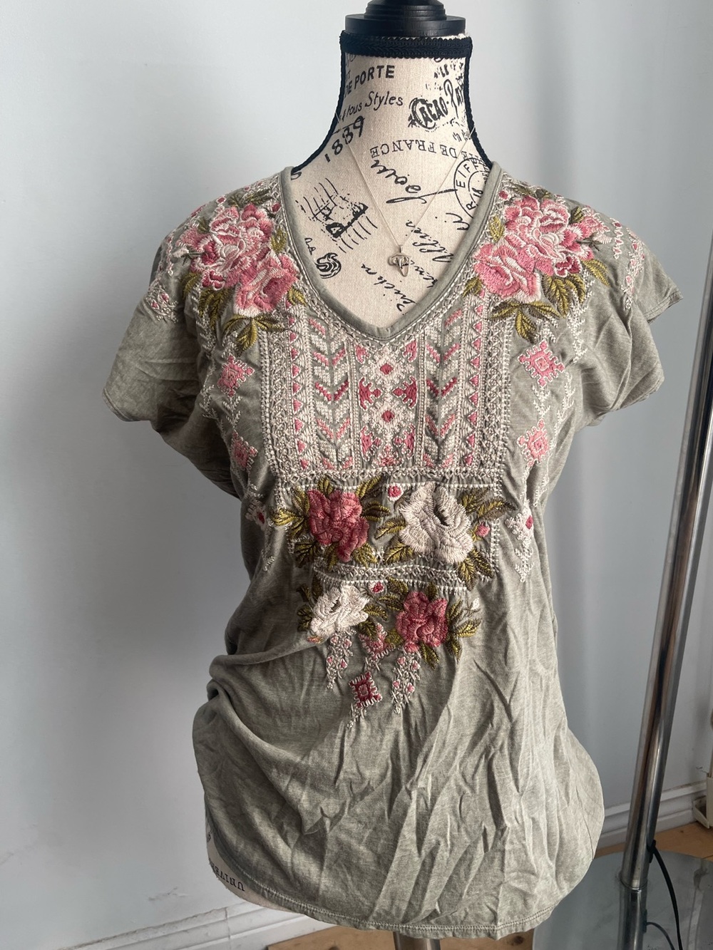 Johnny Was Sage Green Pink Embroidered V-Neck Tee Embroidered Tee